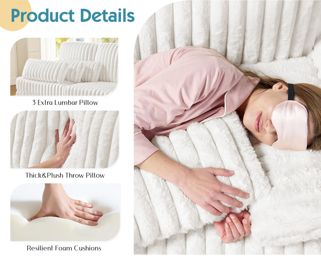 VanAcc 89 Inch Sofa, Modern Couch with Deep Seats, Comfy Sofa with 3 Throw Pillows, Upholstered Couch for Living Room, White VanAcc