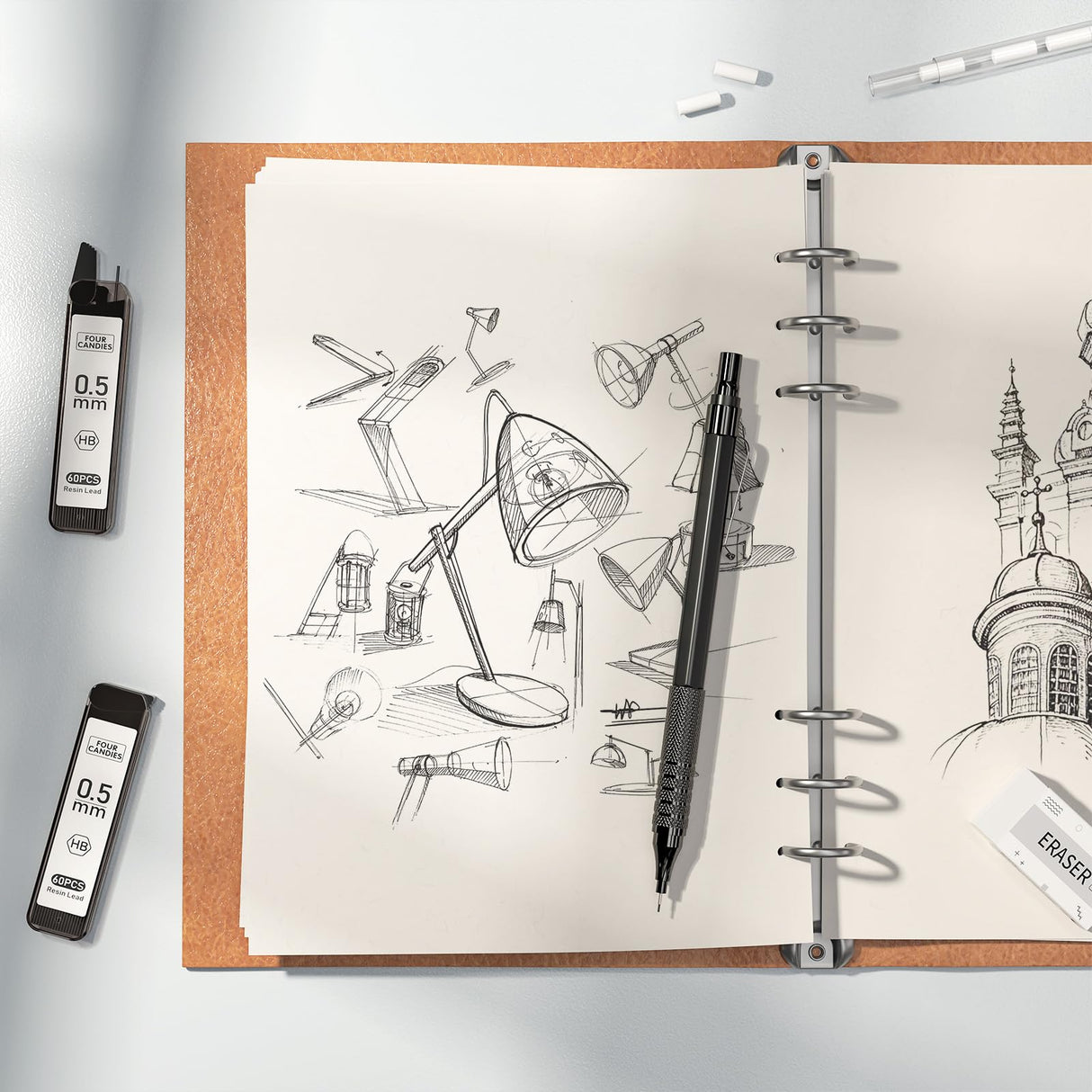 Four Candies 4PCS Metal Mechanical Pencils Set with Case, 0.5mm & 0.7 mm Artist Pencil with 8 Tubes (480PCS) HB Lead Refills, 3 Erasers,9 Eraser Refills For Writing Drafting, Drawing, Black&Silver Four Candies