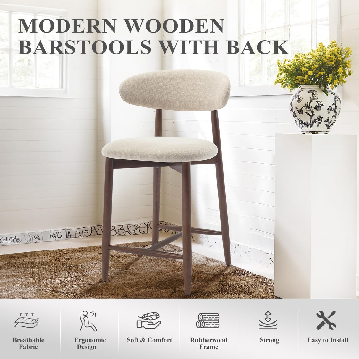 COLAMY Counter Height Bar Stools Set of 2, Kitchen Bar Stools with Back, Mid Century Modern Upholstered, with Wood Legs for Kitchen Island Dining Room, Beige COLAMY