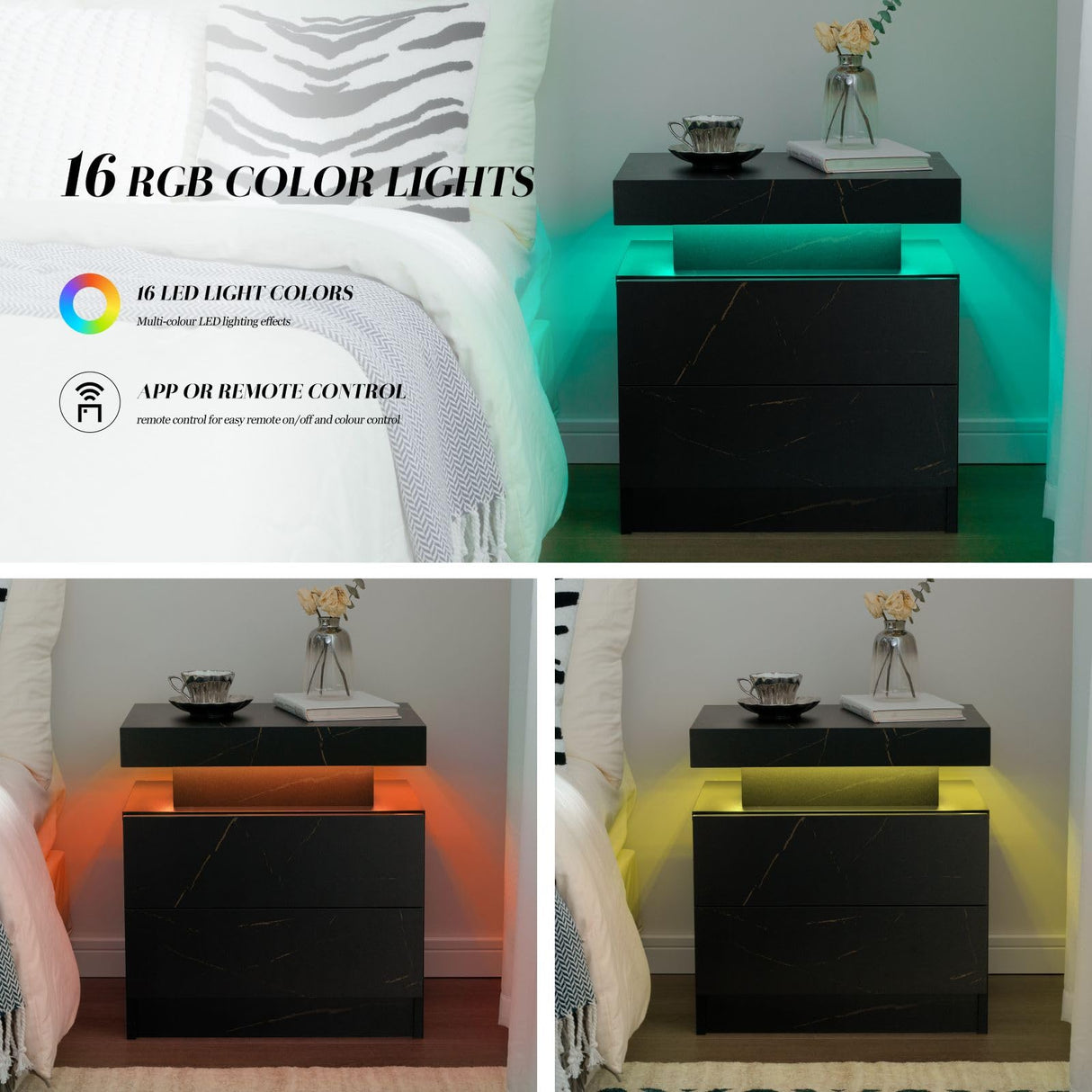 Cubehom LED Nightstands Set of 2, Modern End Table with 2 Drawers, End Tables for Living Room Bedroom Black Cubehom