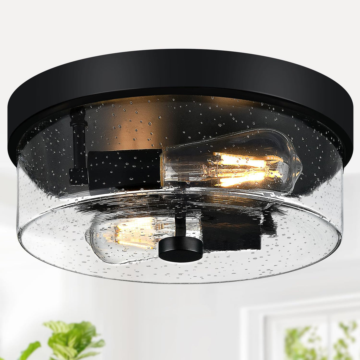 Black Flush Mount Ceiling Light Fixtures, 2-Light Ceiling Mount for Farmhouse with Seeded Glass Lampshade, Industrial Flush Mount Light Fixture Farmhouse for Hallway, Kitchen, Entryway and Foyer szzgco