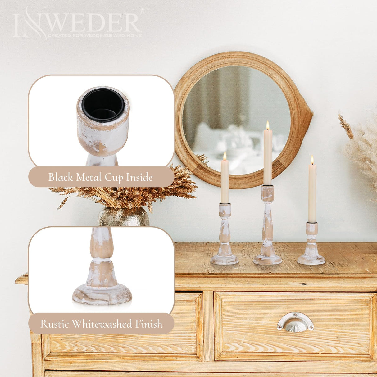 Inweder Wood Taper Candle Holders: 3Pcs Rustic Candle Holders for Candlesticks Wood Candle Holder for Home Decor Wooden Candlestick Holders for Fireplace Farmhouse Candle Holders Table Centerpiece Inweder