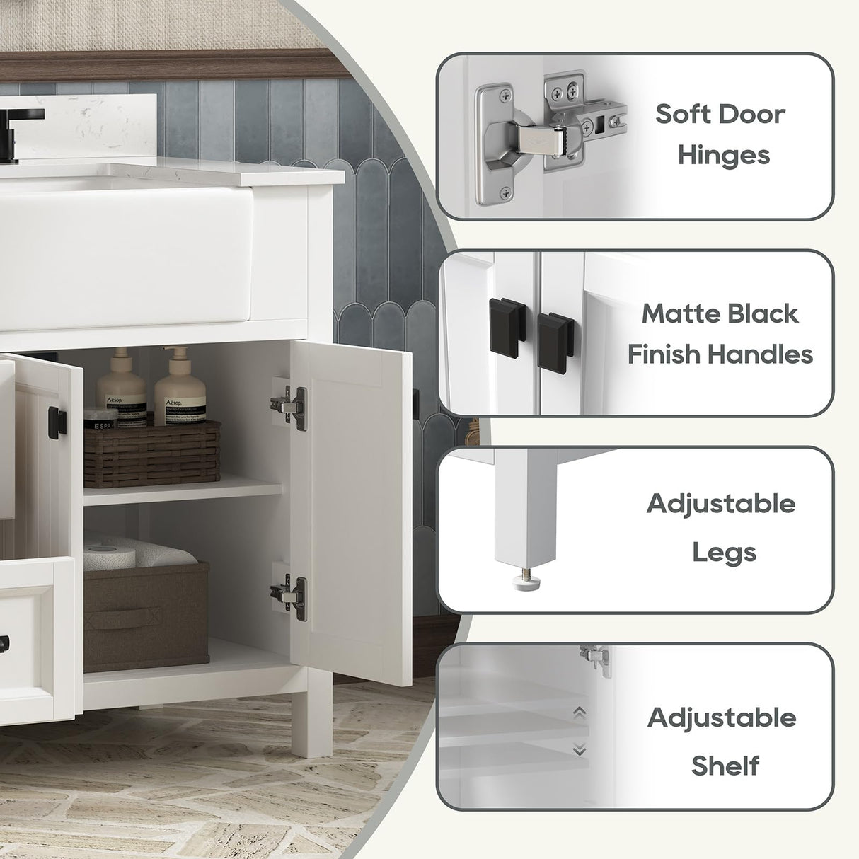 DELUXE LIVING 60 Inch Bathroom Vanity with Double Sink, Farmhouse Bathroom Vanity Cabinet with Soft Closing Doors & Dovetail Drawers, Vanity for Bathroom, Adjustable Feets, Apron Farm Sink, White DELUXE LIVING