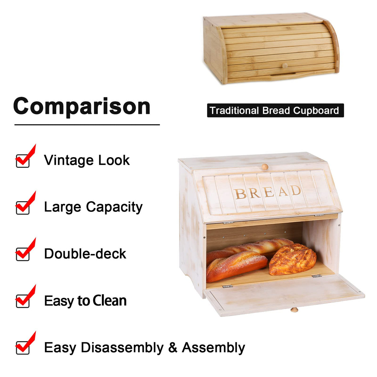 HOMEKOKO Vintage Double Layer Large Bread Box for Kitchen Counter, Retro Design Vintage Wooden Large Capacity Bread Storage Bin (Vintage White) HOMEKOKO