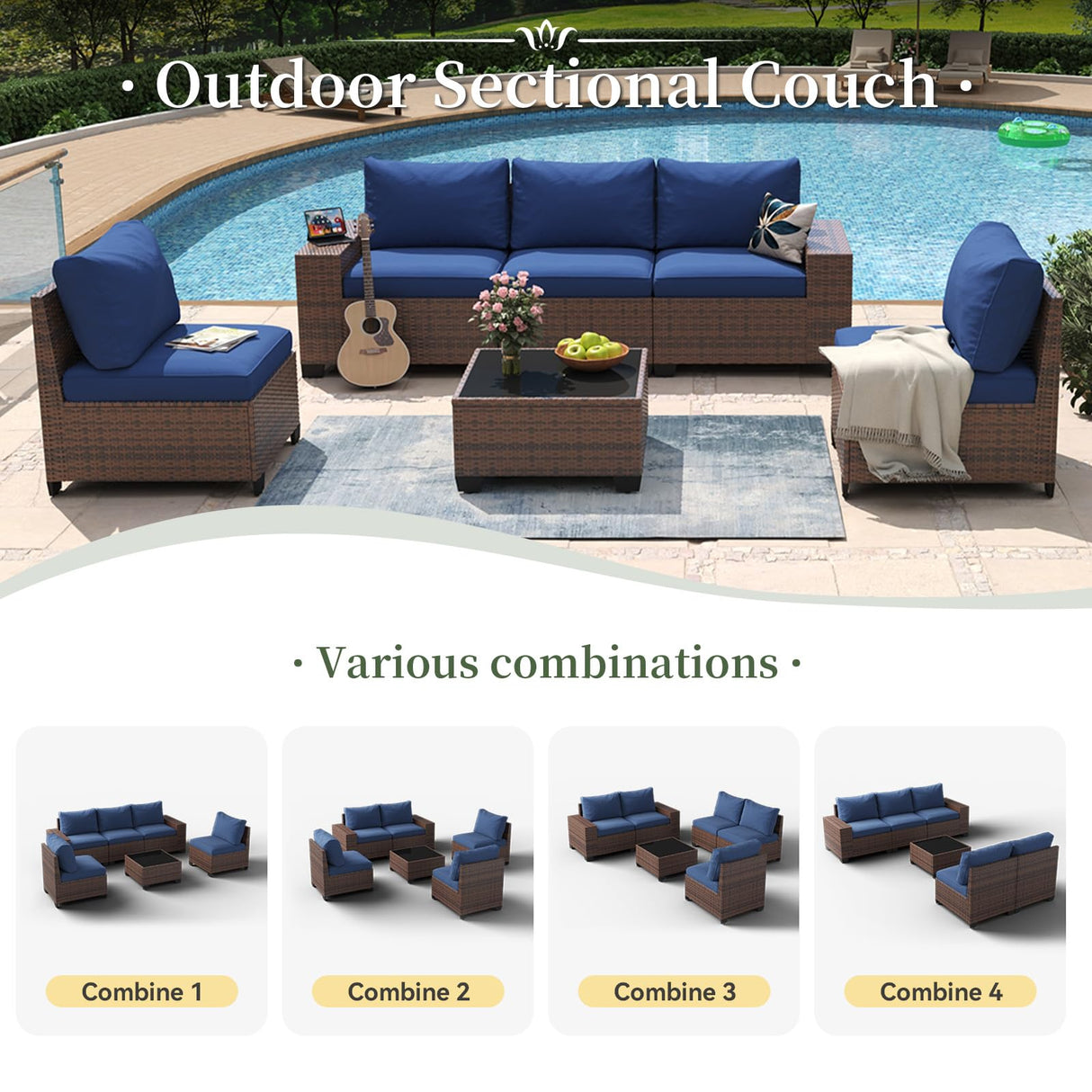 Aoxun 6 Piece Patio Furniture Set with Wide Armrests Wicker Rattan Outdoor Sectional Sofa Set with Coffee Table and Thickened Cushions, Brown/Blue(Waterproof Cover Included) Aoxun