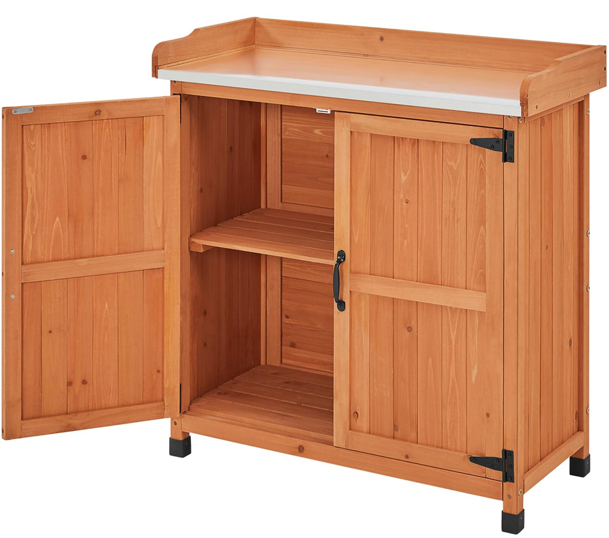 Topeakmart Potting Bench Table - Wooden Storage Cabinet with Removable Shelf & Flexible Space & Metal-plated Tabletop for Outdoor Garden Patio,Brown Topeakmart