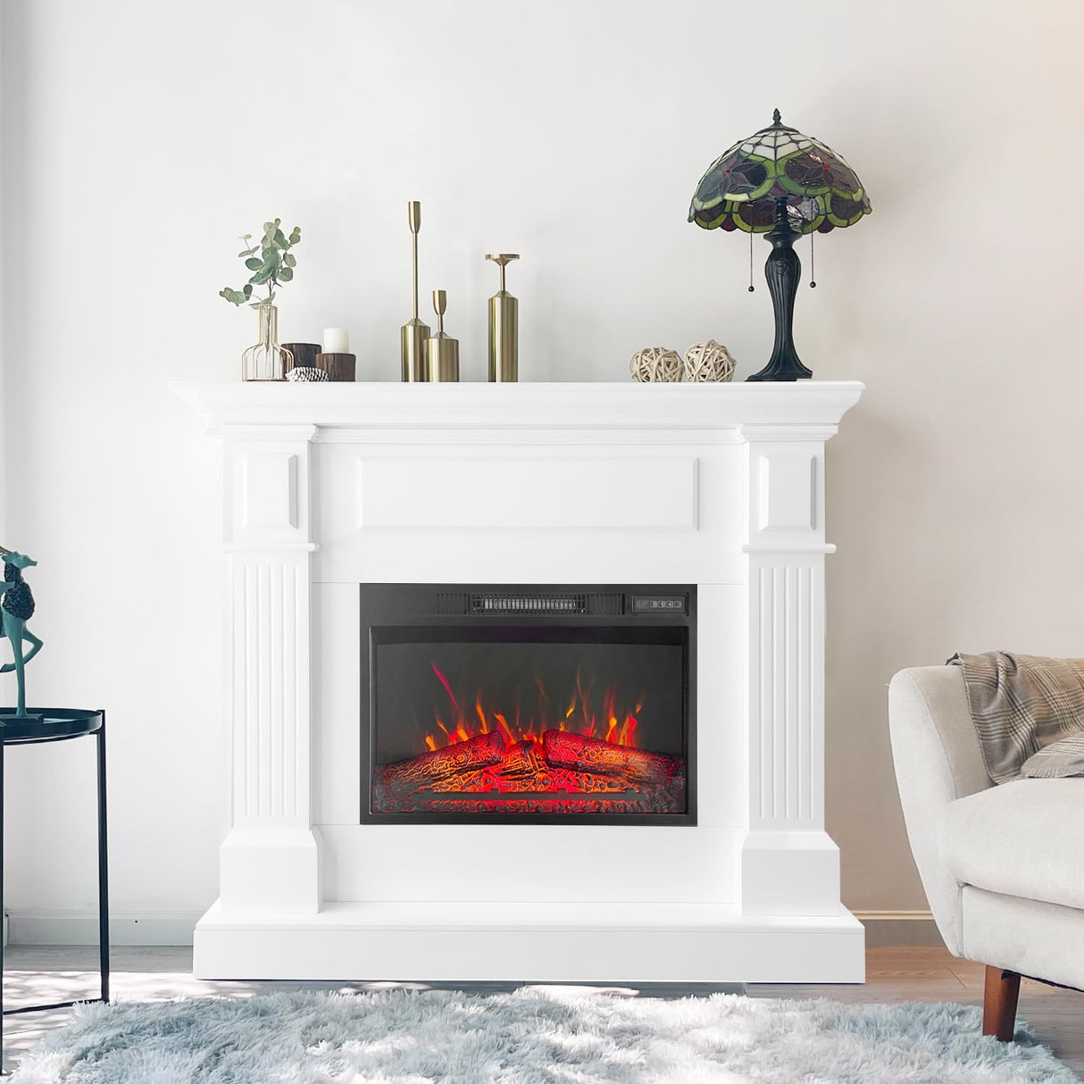 43 Inch White Electric Fireplace with Mantel, Stylish Heater for Your Living Room or Bedroom, Includes Remote Control and LED Flame Effects Cloud Mountain