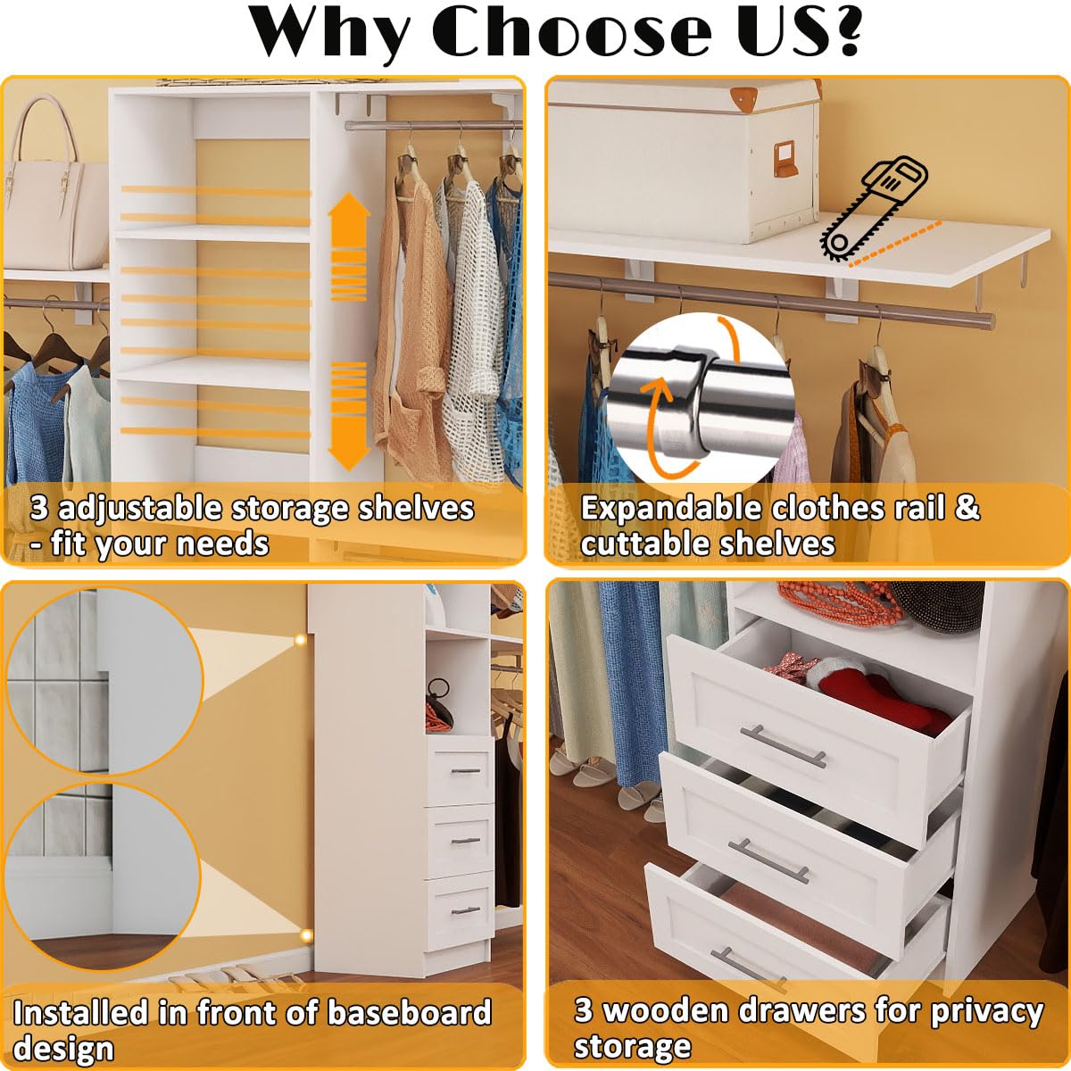 Dilando Closet Organizer System with Drawers, 8FT Closet Shelving System 96" Walk in Wood Corner Closet Storage System with 3 Shelves Custom Hanging Rods Heavy Duty Wall Mount Dilando