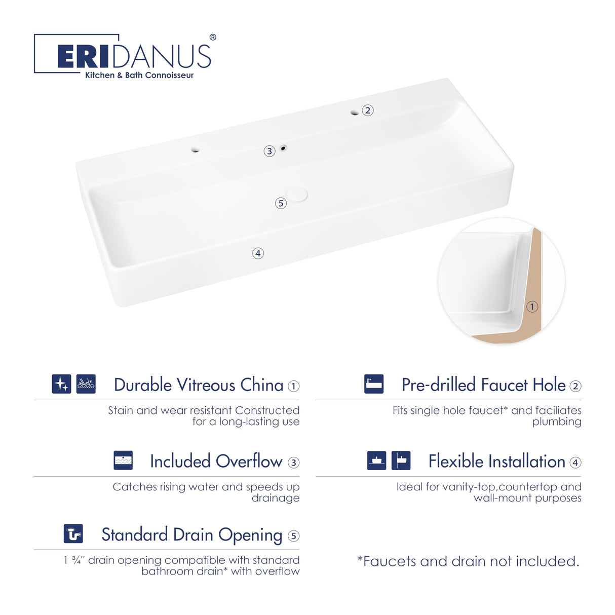 Eridanus Bathroom Sink Rectangle 43" x 16", Two Hole Vitreous Ceramic Vessel Sink, Countertop & Wall Mount, Modern Porcelain Vanity Floating Sink Art Basin Trough with Overflow, Glossy White Eridanus