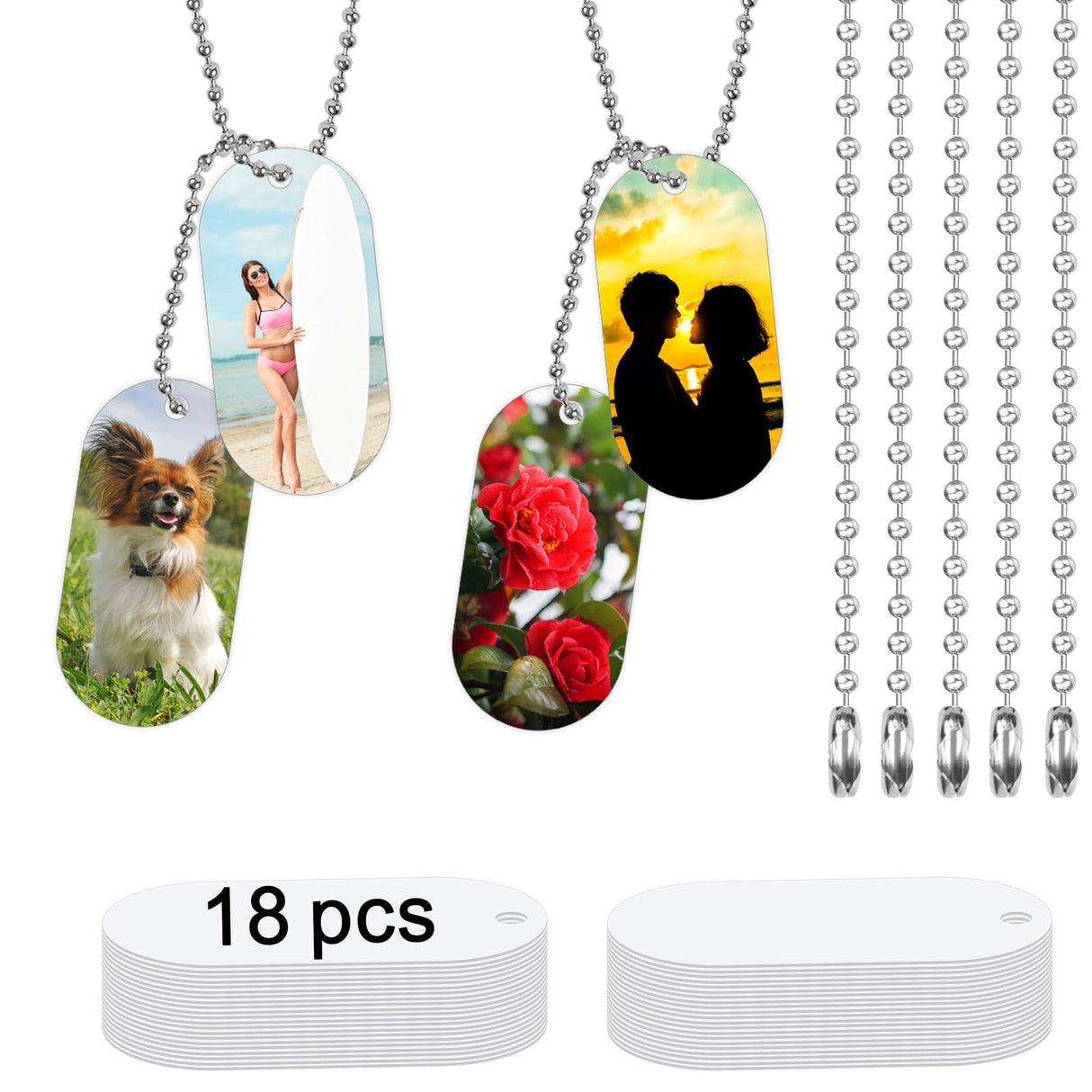 18 pcs Sublimation Dog Tags Blanks,Sublimation Necklace Blank Metal Sublimation Tag Pendants Double Sided Blank Sublimation Tags,Dog tag Chain Dog tag Sublimation Blank Metal LIZOIDZSM
