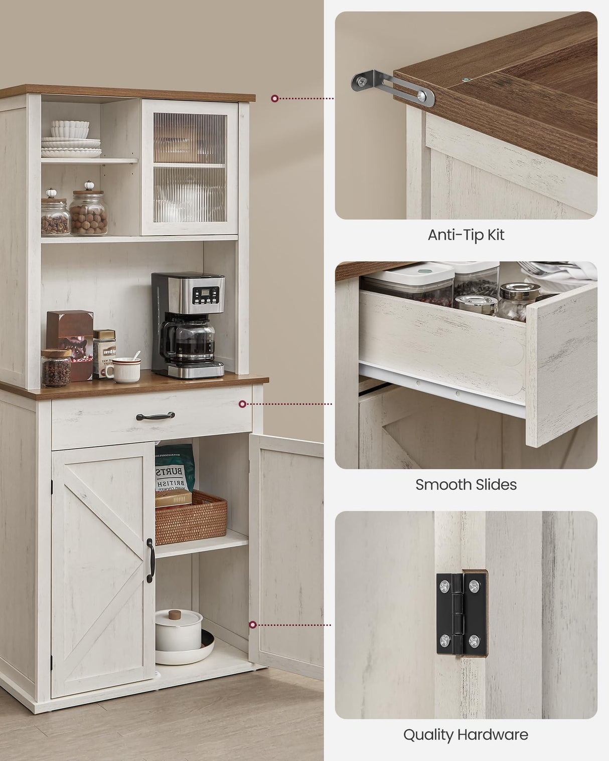 VASAGLE 71" Pantry Cabinet with Lights and Charging Station, Kitchen Pantry Cabinet with Doors and Drawer, Farmhouse Storage Cabinet, Coffee Bar Cabinet, Adjustable Shelves, Rustic White UBBK363W12 VASAGLE