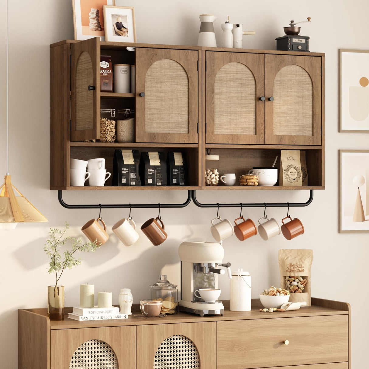 RUSTOWN Rattan Bathroom Wall Cabinet, Boho Medicine Cabinet with 2 Arched Doors, Farmhouse Over The Toilet Storage Cabinets with Adjustable Shelves & Towel Bar, 3-Tier Wall Mounted Cabinets RUSTOWN