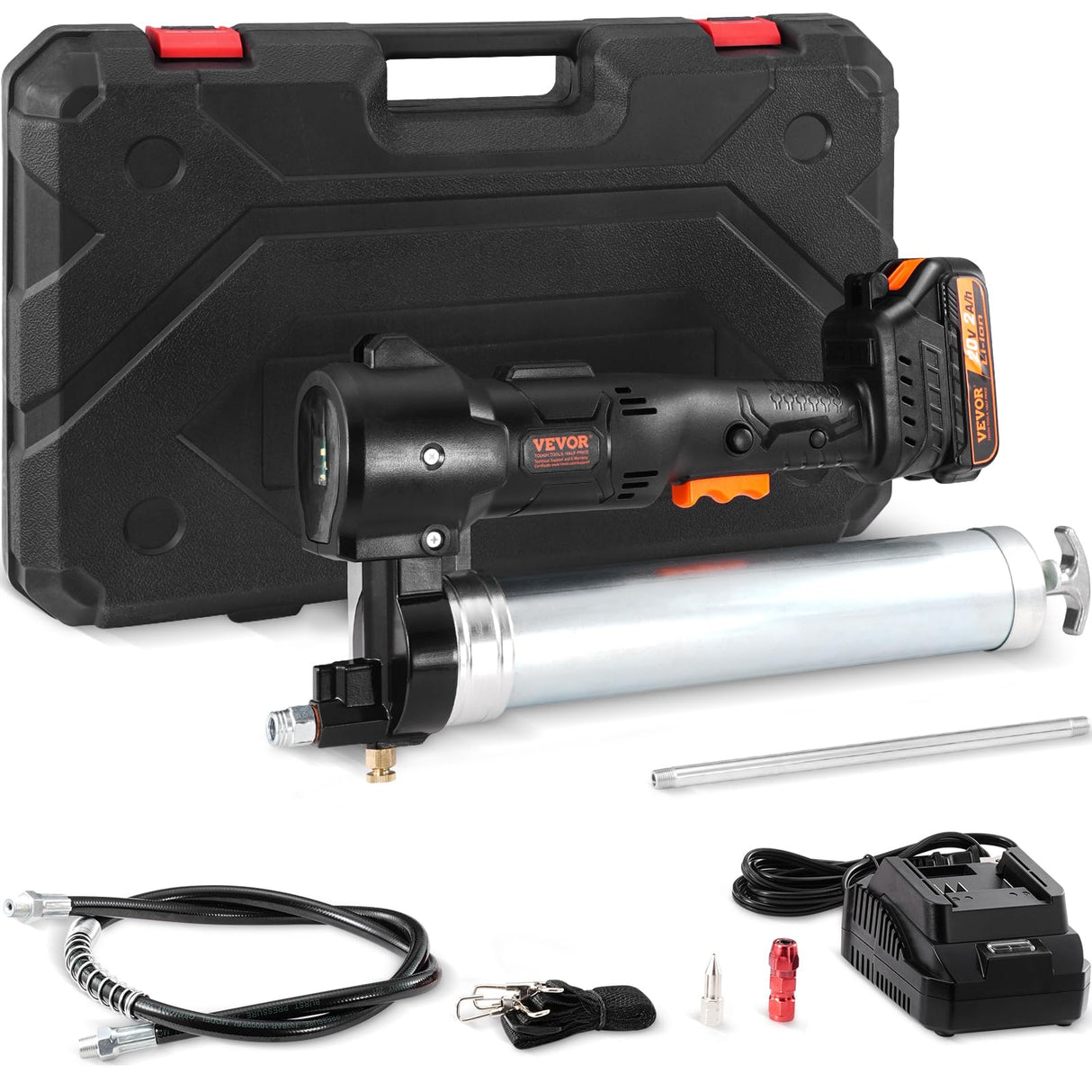 VEVOR Cordless Grease Gun, 20-Volt, 10,000 PSI, 39" Long Hose, Electric Grease Gun Kit Professional High Pressure Battery Powered Grease Gun with Carrying Case, Battery and Charger Included, Black VEVOR
