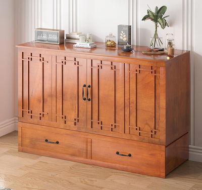 PUREMIND Queen Murphy Bed Cabinet with Mattress Included, Cabinet Beds with 2 Storage Drawers, Murphy Chest Bed with USB Charging Station, Horizontal Murphys Wallbed for Bedroom, Guest Room