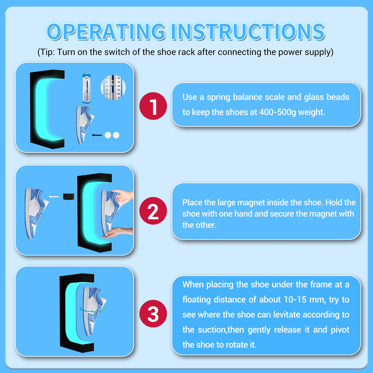 Levitating Sneaker Display, Magnetic Floating Shoe Display Stand with 360° Auto Rotation & LED Light, Levitation Sneaker Holder Rack for Shoes Collector/Advertising Exhibition/Home Decoration, Black WHDPETS