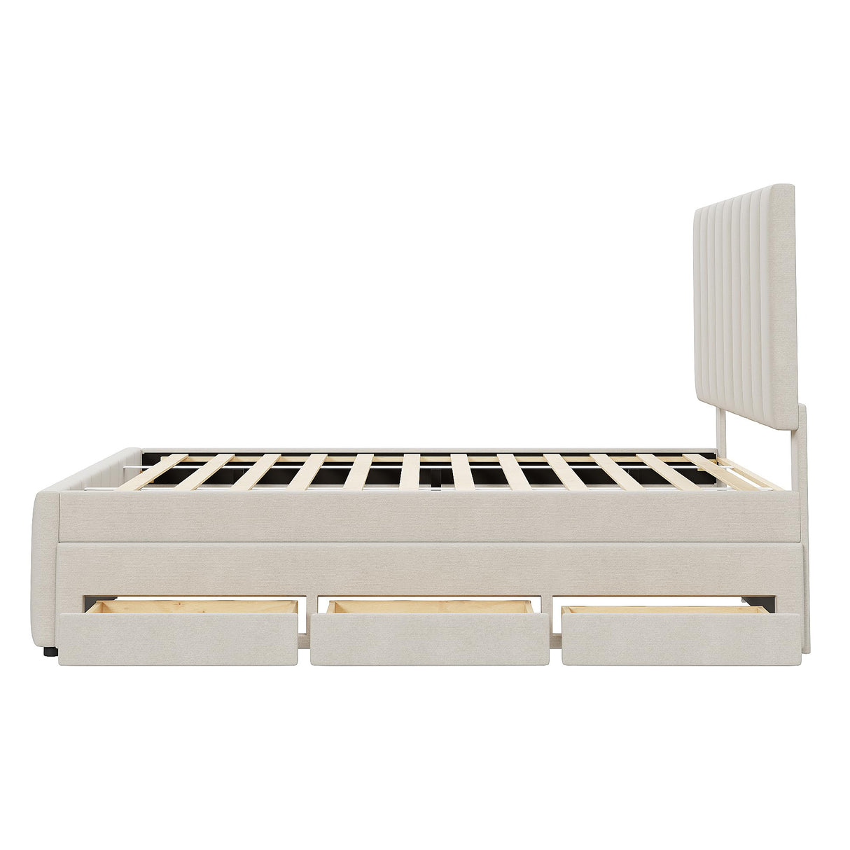 Merax Full Size Upholstered Platform Bed with Trundle and 3 Storage Drawers, Full Bed Frame & Tall Stripe Headboard for Bedroom, Solid Wood Slats Support, No Box Spring Needed, Easy Assembly, Beige Merax