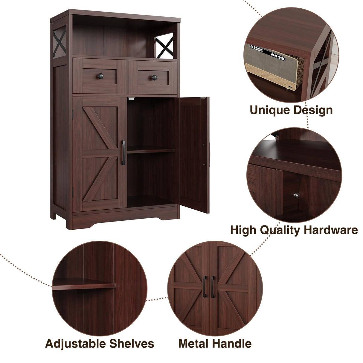 Dark Brown Storage Cabinet with Drawers and Shelves, Standing Kitchen Pantry Cabinet, Floor Storage Cabinet Hutch Cupboard, Coffee Bar Cabinet Station for Dining Living Room Home Office Befrases