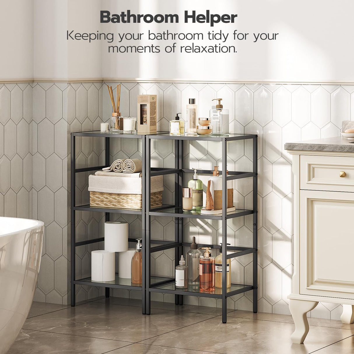 HOOBRO 3-Tier Bookcase, Tempered Glass Bookshelves, Record Storage Rack with Side Fence, Storage Shelves for Bathroom, Slim Shelving Unit for Living Room, Home Office, Black BK81CJ01 HOOBRO