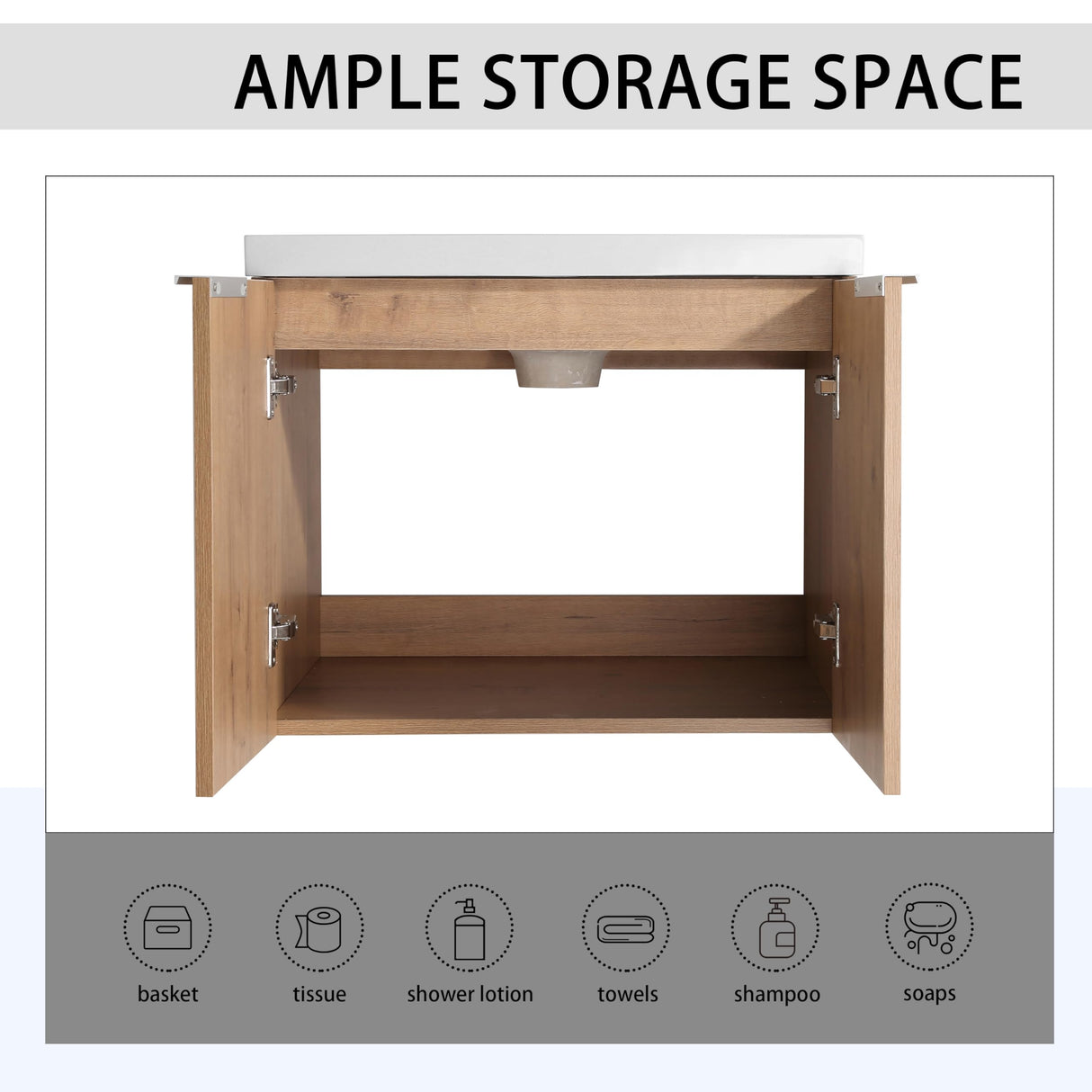 60" Floating Double Sink Bathroom Vanity Brown Wall Mount Bathroom Vanity Cabinet with Sink Combo, 60-Inch Bathroom Vanities Set with Open Storage Shelf & 2 Side Cabinet & 2 24in Bathroom Vanities Henf