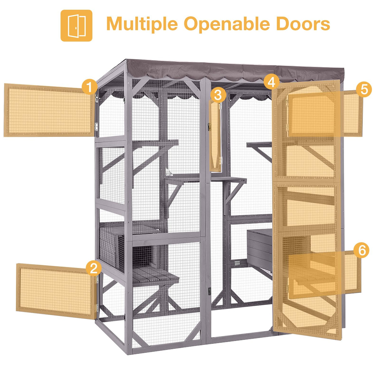 Wooden Catio Outdoor Cat Enclosure,Large Luxury Kitty-House with 7 Jumping Platforms & Weatherproof Asphalt Roof,Walk-in Kitty Kennel Condo Shelter and 2 Napping Houses (Grey, Large) Suumerpety