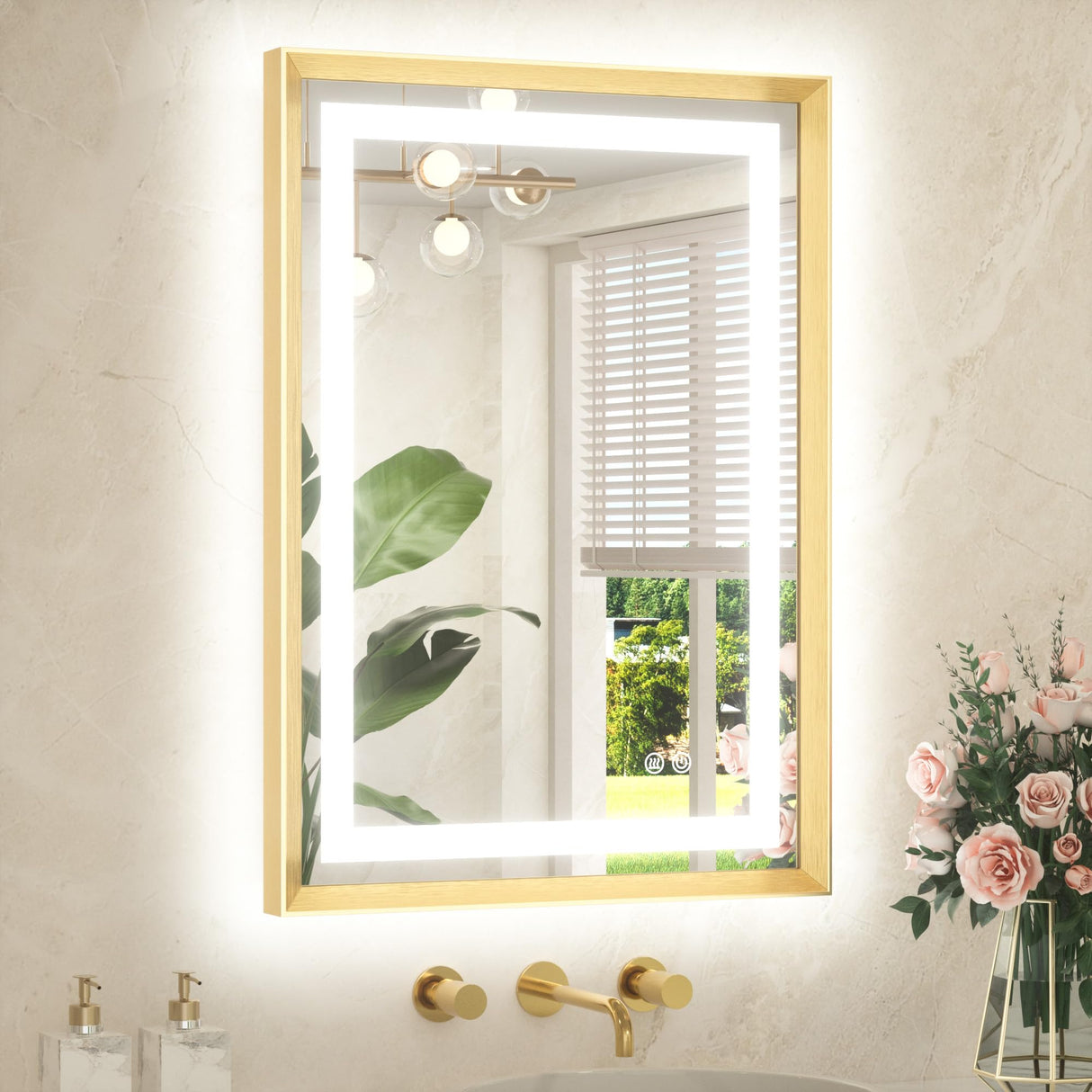 TETOTE 22 x 30 Bathroom LED Mirror Brushed Gold Metal Frame Frontlit & Backlit Vanity Mirror Anti-Fog Stepless Dimmable 3 Colors White/Warm/Natural Mirror with Lights Wall-Mounted TETOTE