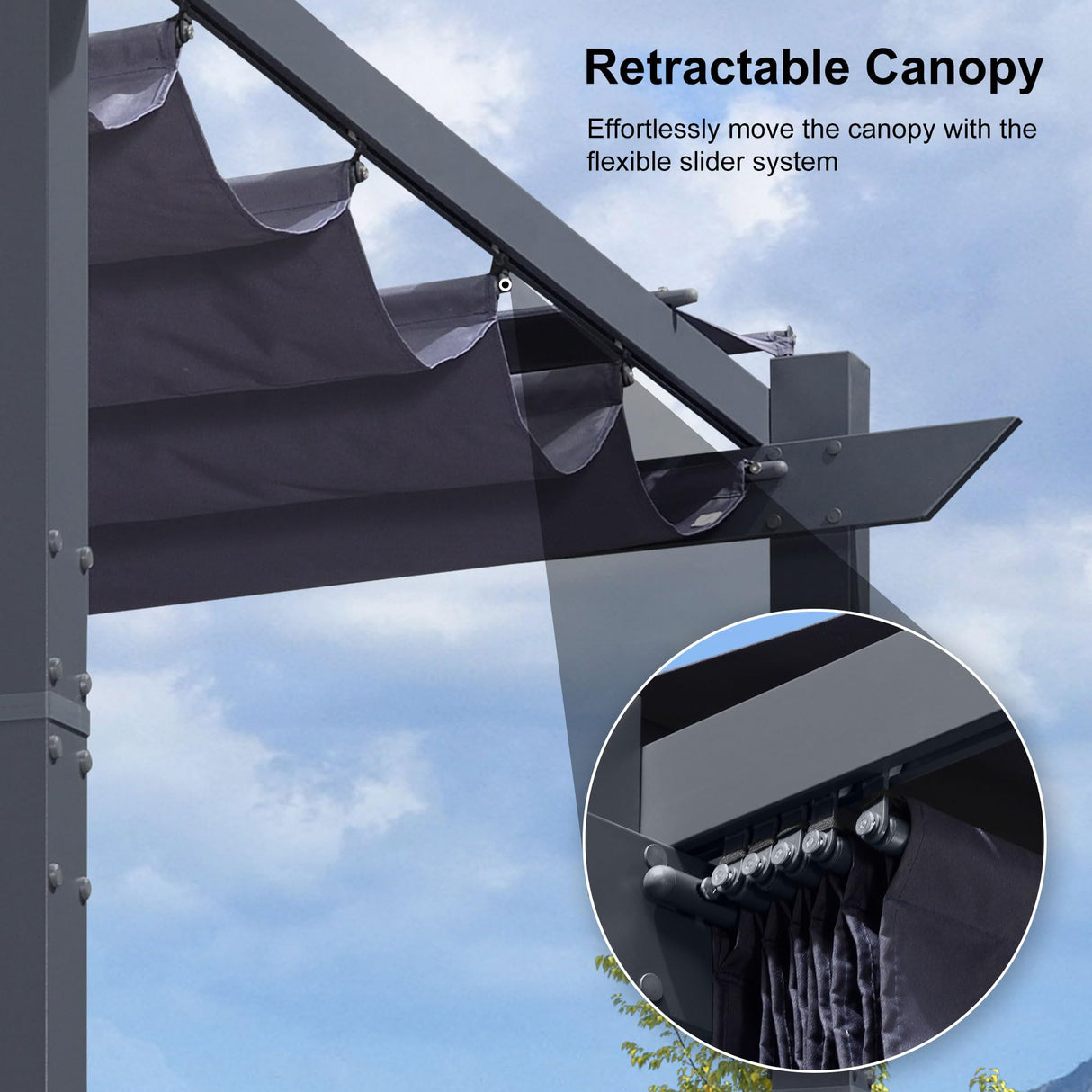 PURPLE LEAF 10' x 10' Pergola with Curtains Outdoor Retractable Pergola Patio Metal Shelter for Garden Porch Pavilion Dark Gray Frame Gazebo Modern Yard Grill Pergolas with Shade Canopy Navy Blue PURPLE LEAF