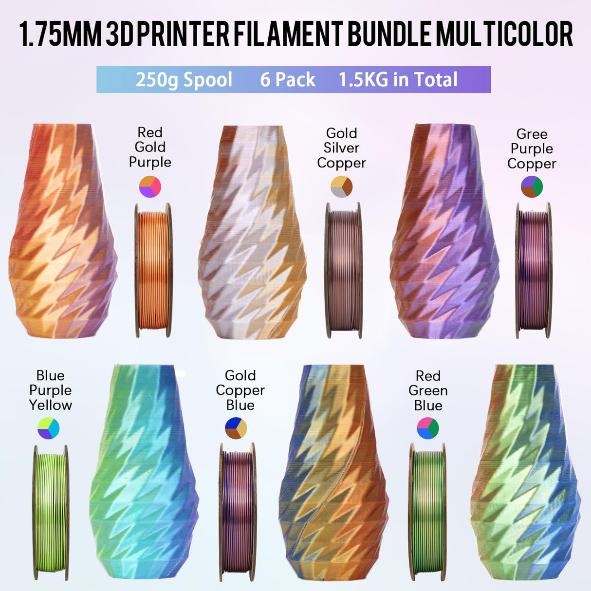 Dynta Tri-Colors Silk Pla Filament 3D Printer 1.75mm Filament Bundle, Multi-Color, 6 Pack 250g Each Dynta