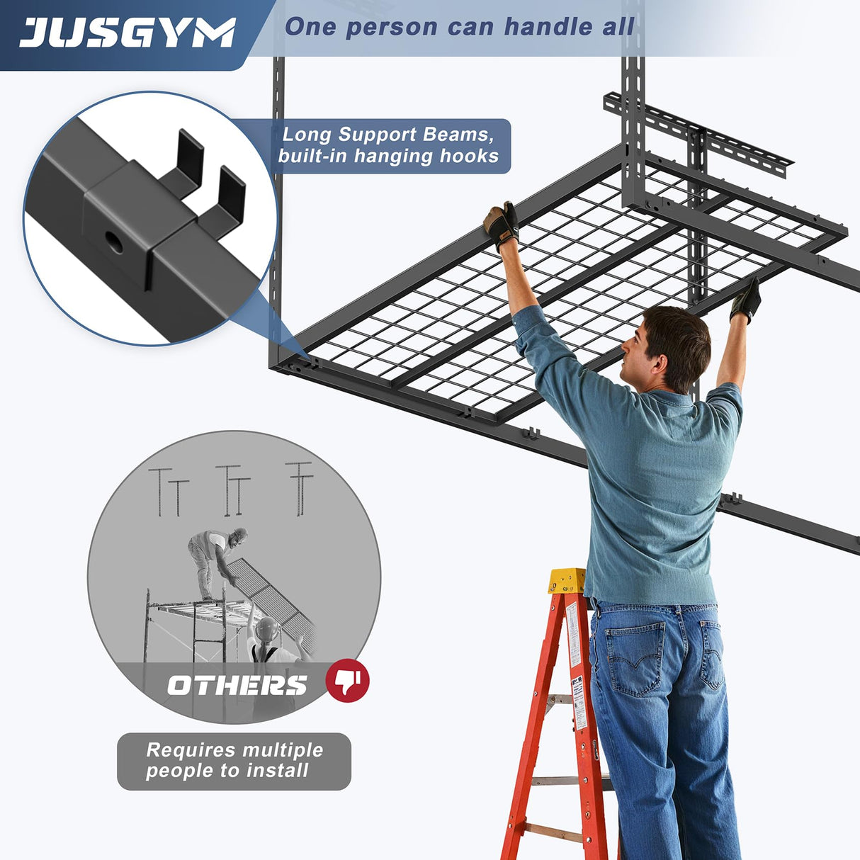 Jusgym 4X8FT Overhead Garage Storage Rack, 22"-48" Height Adjustable Garage Ceiling Storage Racks, Heavy Duty Metal Overhead Storage Organizer System, 750LBS Weight Capacity Jusgym