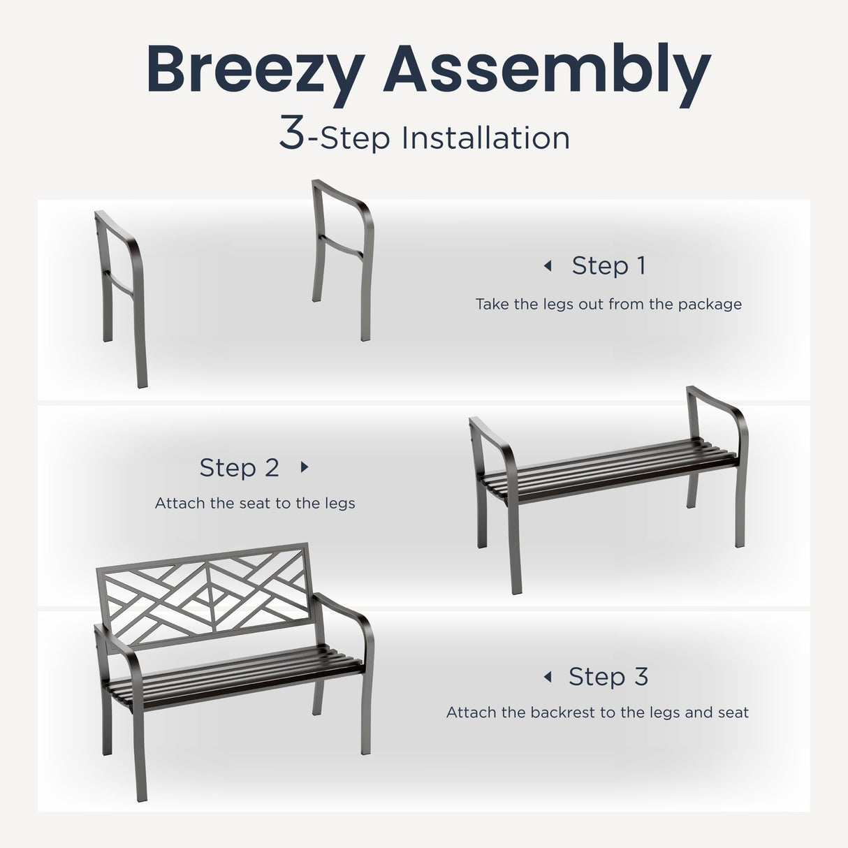 PHI VILLA 43 Inch Cast Iron Steel Frame Outdoor Garden Bench, Patio Furniture Chair Bench w/Line Pattern Design Backrest, Slatted Seat for Park, Yard, Porch - Black PHI VILLA