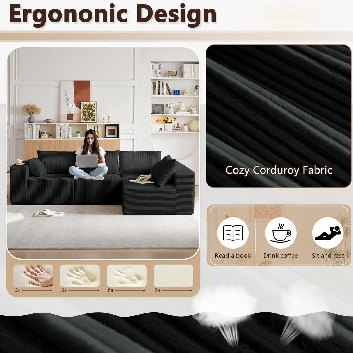 104" L-Shaped Corduroy Cloud Modular Sofa, Modern 4-Seater Sectional Couch with 6 Pillows, Deep Seat Upholstered Convertible Sofa Bed for Living Room, No Assembly Required (Black) atosela