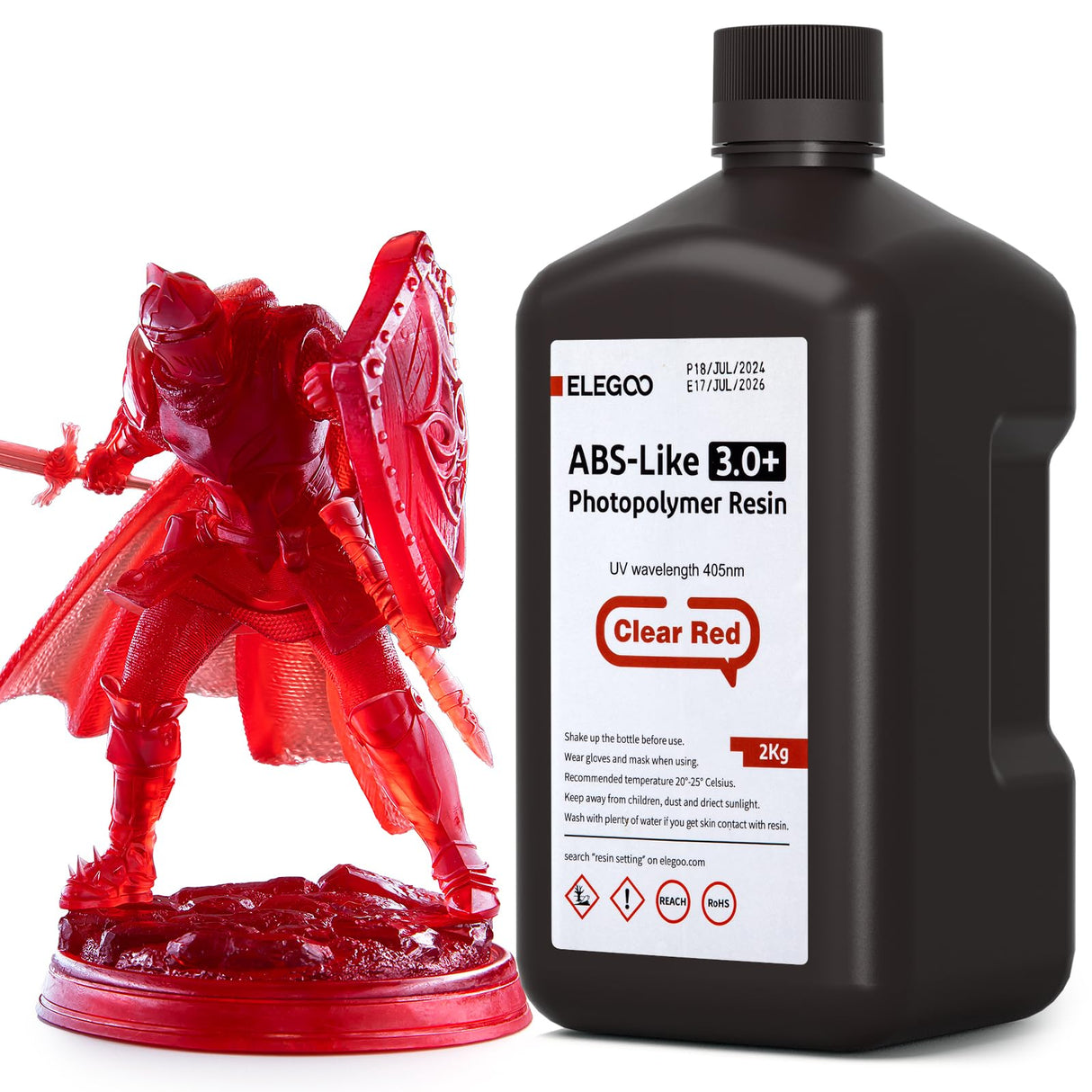 ELEGOO ABS-Like 3.0+ 3D Printer Resin Transparent Red 2000g, High Heat-Resistance 3D Printing Resin, Lower Viscosity and Shrinkage, 405nm LCD UV-Curing for MSLA/LCD/DLP 3D Printer ELEGOO