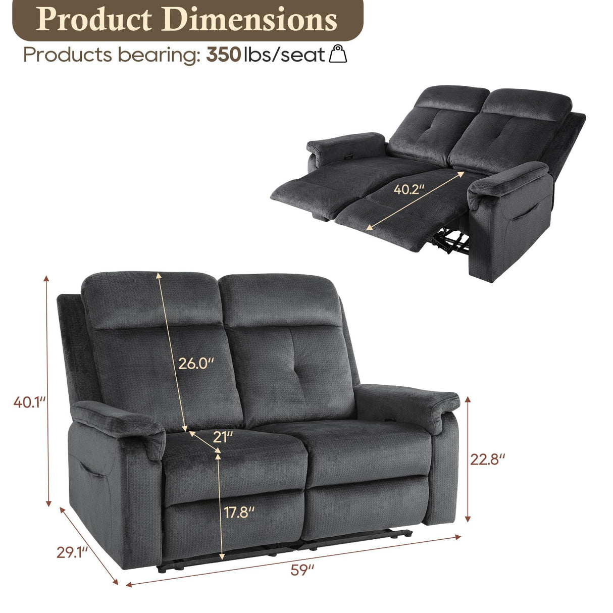 PALLOME Loveseat Recliner, Velvet Reclining Sofa, 54'' Double Recliner Loveseat with Heat and Massage, RV Theater Seating, Manual Recliner Chair for Living Room (Velvet, Grey) PALLOME