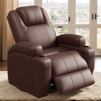 Flamaker Swivel Rocker Recliner Chair with Vibration Massage, 360° Swivel Recliner Chairs for Adults Ergonomic Lounge Chair with Cup Holders Lazy Boy Recliner Single Sofa Seat (Leather, Brown)