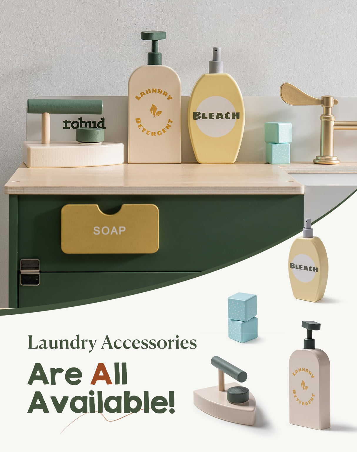 ROBUD Kids Play Kitchen - Wooden Multi-Function Washing Machine for Kids Kitchen Playset - Pretend Toddlers' Kitchen Toy Washer with Accessories - Perfect Baby Gift for Ages 3-8 ROBUD