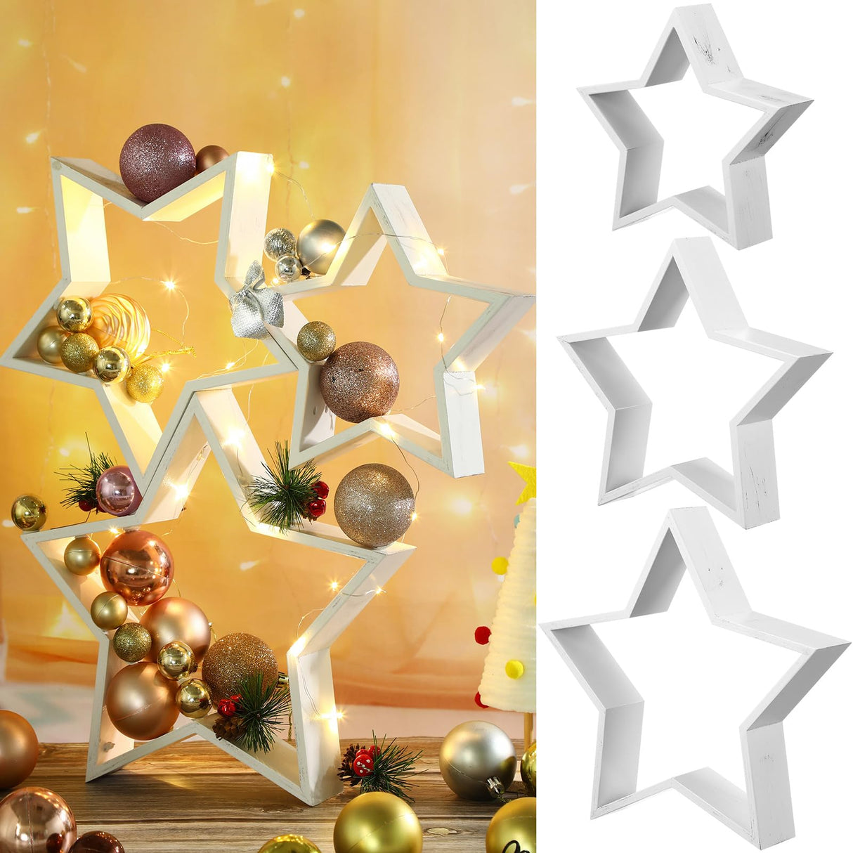 Cinnvoice 3 PCS Wooden Star Christmas Tabletop Decor Christmas Farmhouse Centerpiece Star Sign for Fireplace Mantle Shelf Xmas Table Accents White Wood Star DIY Ornament for Home Cinnvoice