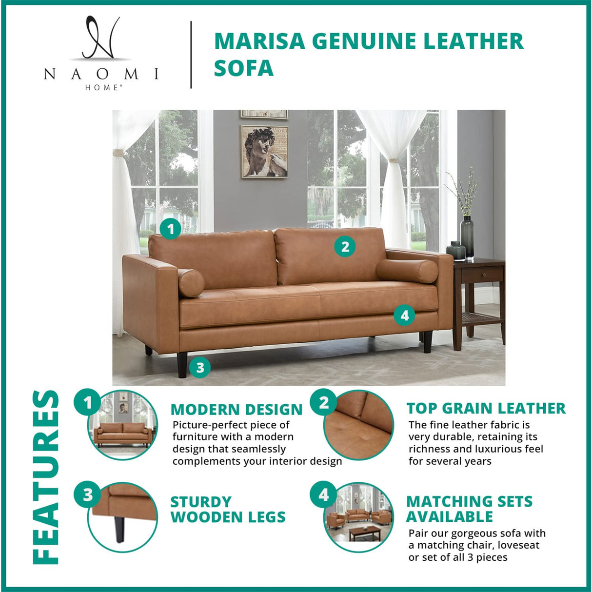 Naomi Home Marisa Genuine Leather Couch - Revel in Exquisite Leather Couch Opulence - Unparalleled Luxury Mid-Century Leather Couch – The Embodiment of Cozy Lounging and Contemporary Design, Tan Naomi Home