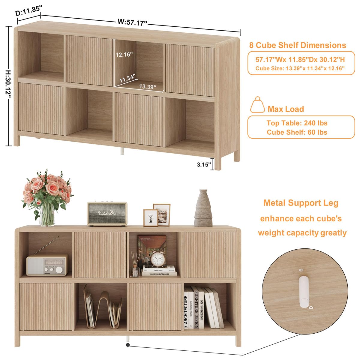 FATORRI 8 Cube Bookshelf with 4 Doors, Modern Mid Century Wood Book Shelf with Storage, Low Horizontal Cubby Bookcase for Home Office (Light Walnut) FATORRI