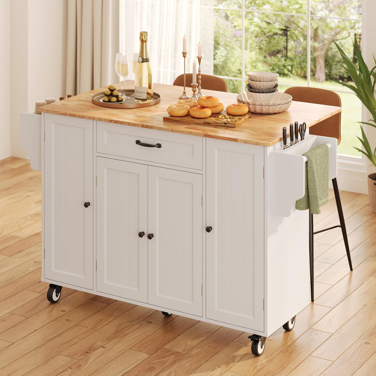 Ahomly Kitchen Island with Storage, 47.6" Rolling Kitchen Island on Wheels with Drop Leaf, Door Cabinet, Drawer, Spice Rack, Towel Rack and Knife Holder, Kitchen Cart Island Table for Kitchen, White Ahomly