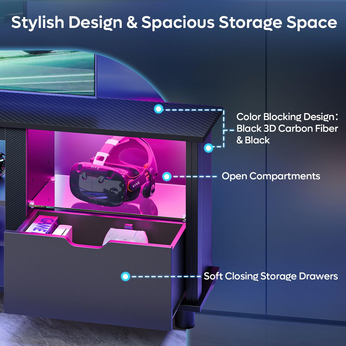 Bestier 70" Gaming Entertainment Center with Drawers, LED TV Stand for 75 Inch TV, TV Entertainment Stand for Living Room with Storage and Glass Shelves (Black 3D Carbon Fiber) Bestier