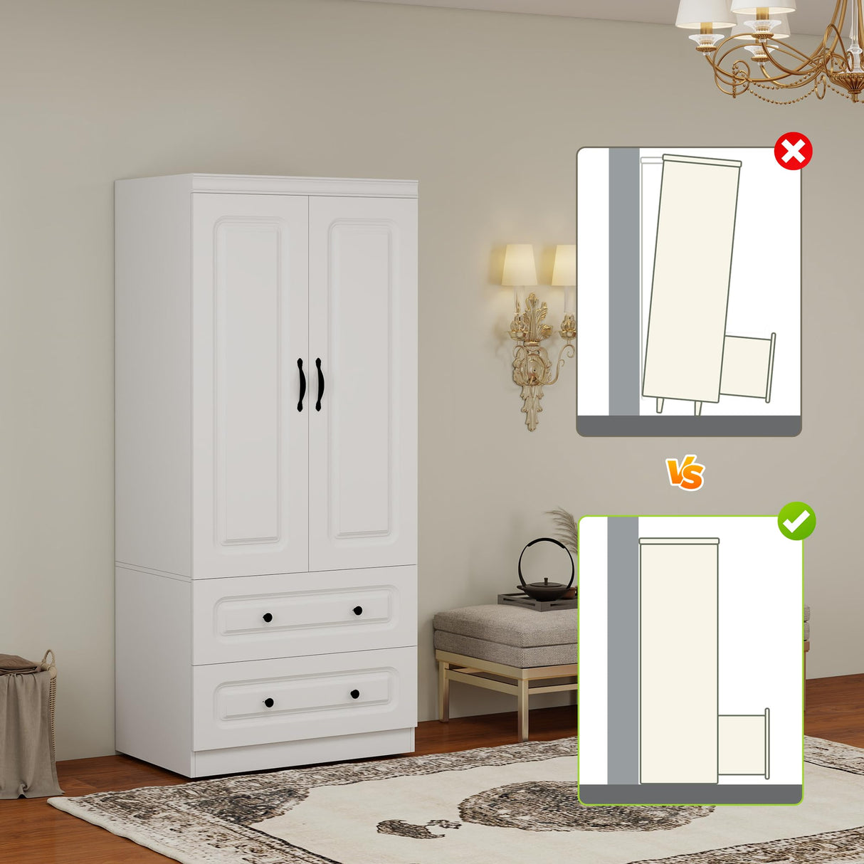 Keloyid Armoire Wardrobe Closet: Wood White Bedroom Armoire Storage Cabinet for Large Capacity with 2 Doors, Tall Armoire and Wardrobe Closet with 2 Drawers & Hanging Rail Keloyid