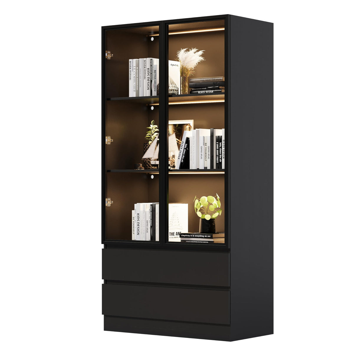 Wildhome Display Cabinet with Glass Doors,LED Lights Glass Display Case,Showcase for Collections, Curio Cabinets, Bookcase and Glass Display Cabinet (with 2 Drawers) Wildhome