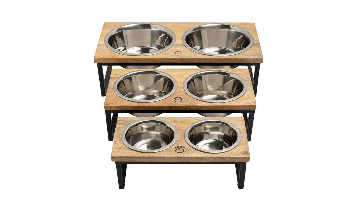 GF Pet Wood & Metal Feeder | Premium Mango Wood & Stainless Steel Dog Bowls Set | Elevated Food & Water Bowls for Dogs & Cats | Comfortable Raised Bowl Sets for Pets - Medium/24oz Brave Bark