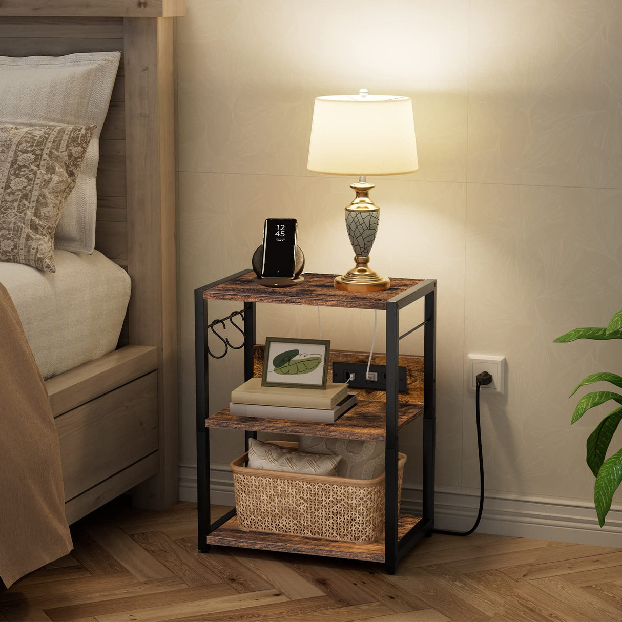 MAHANCRIS Industrial Printer Cart, 3-Tier Mobile Printer Stand, Rolling Cart with Power Outlets and USB Ports, Home Printer Stand with 2 Hooks, for Office, Living Room, Rustic Brown PTHR40E01Z MAHANCRIS