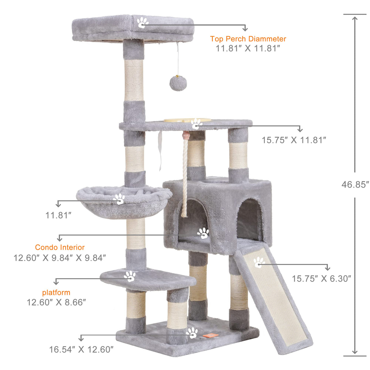 Heybly Cat Tree, Cat Tower for Indoor Cats with Scratching Board, Multi-Level Cat Furniture Condo with Feeding Bowl Light Gray HCT010SW Heybly
