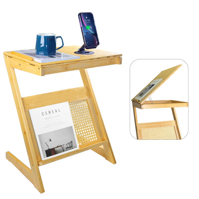Rattan NightStand Side Table with Adjustable Board Z Shaped End Table for Couch Mid Century Modern Boho NightStand Side Table Bamboo Coffee Side Table for Living Room Bedroom Sofa Small Spaces Natural