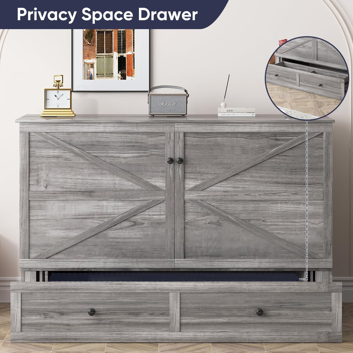 ijuicy Full Murphy Bed with Storage & Multifunctional Charging Station, Farmhouse Murphy Cabinet Bed with Foldable Panel, Space-Saving Beds for Guest Bedroom,Living Room(Mottled Grey, with Mattress) ijuicy