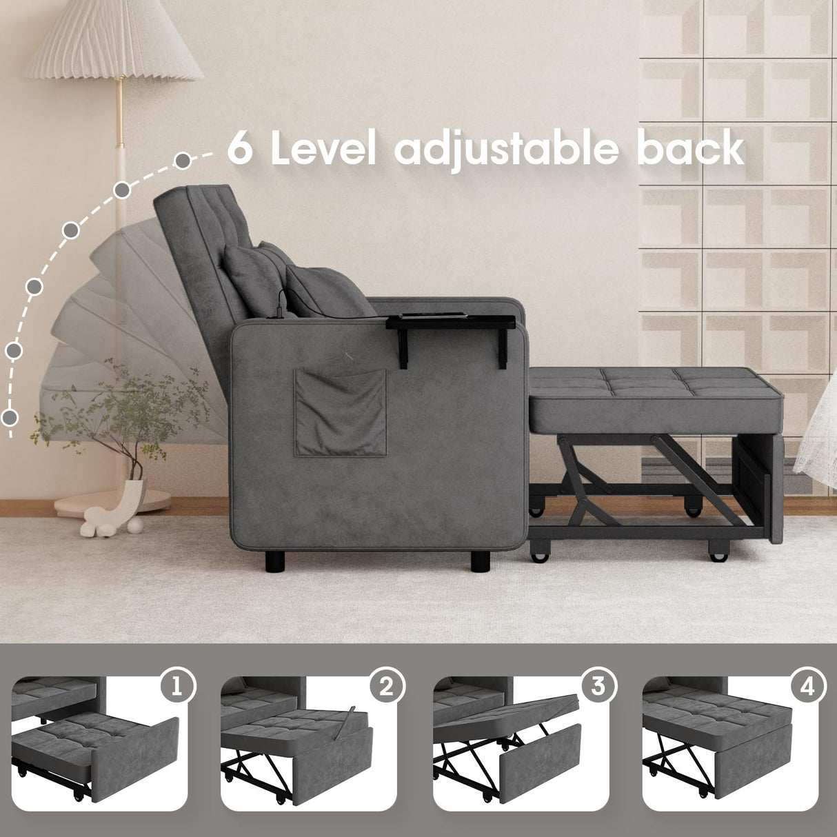 Vabches Sofa Bed Chair with Wing Table and USB Ports Outlet, 3-in-1 Sofa Chair Bed Couches with Two Pillows, Velvet Sleeper Chair with Adjustable Backrest, Easy Assembly, Dark Grey Vabches