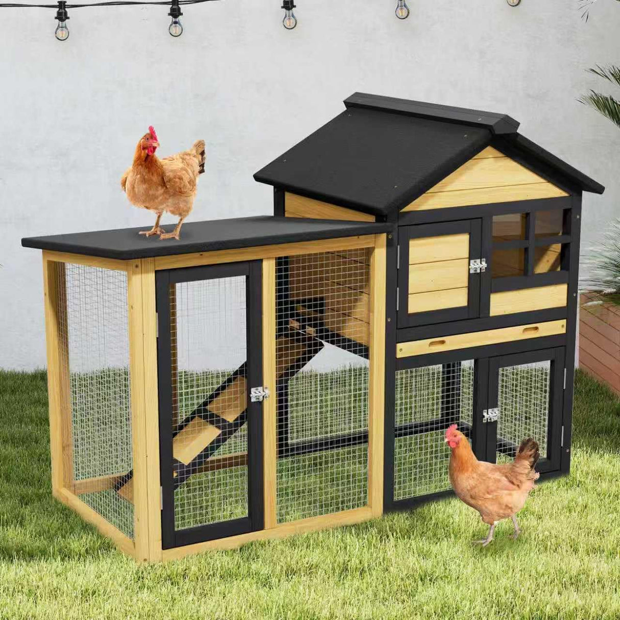 XiliqingEco Chicken Coops Outdoor Wooden Double-Decker Chickens with Deep Push-Pull Trays, Non-Slip Slopes, Waterproof Asphalt Roof Suitable for a Variety of Animals (Yellow Black) XiliqingEco