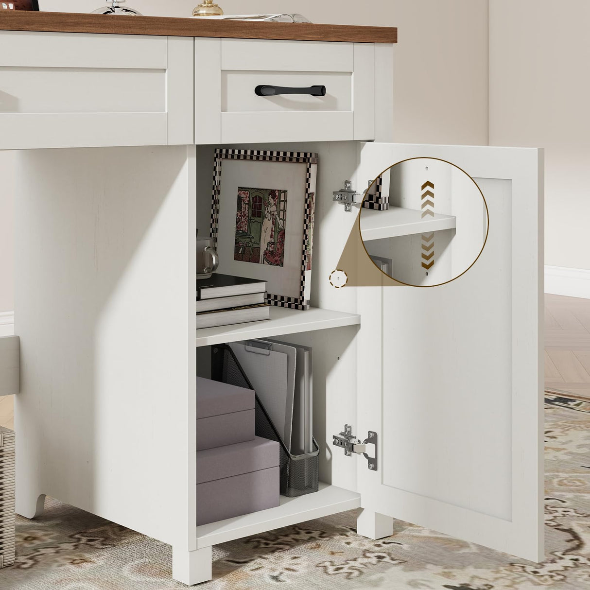 Farmhouse 47" Executive Desk, Computer Desk with Drawers and Storage Cabinet, Workstation Computer Desk for Home Office and Study.(Unique White) Vabches