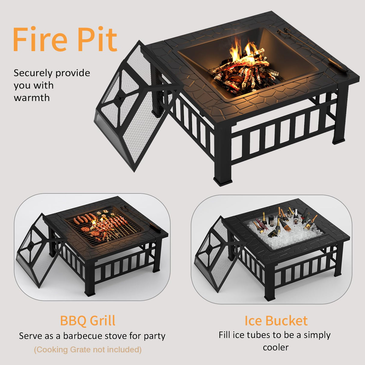 Flamaker Outdoor Fire Pit 32 Inch Patio Square Metal Firepit with Cover Poker & Grate Wood Burning Fireplace Backyard Stove for Outside Heating Camping Flamaker